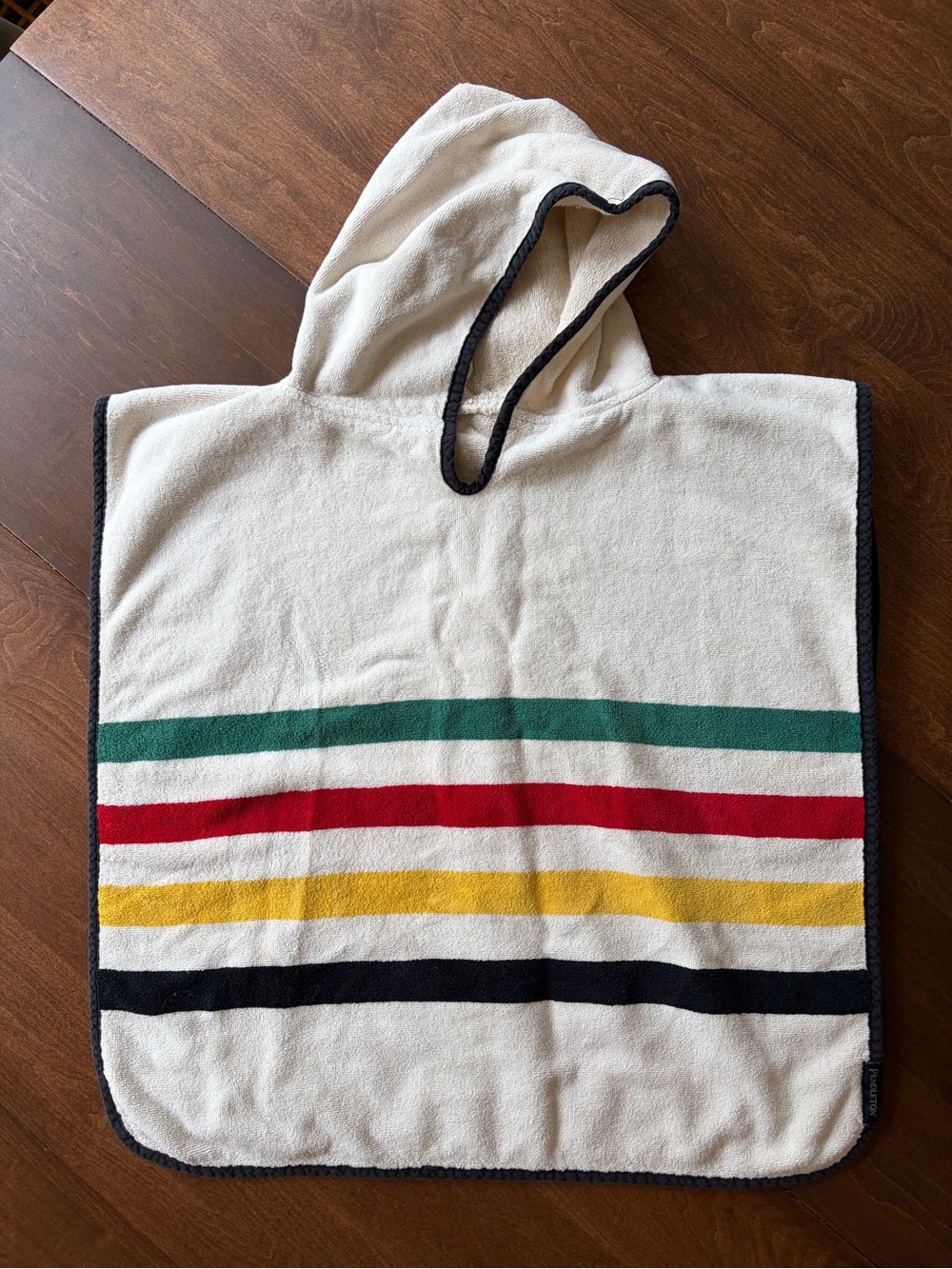 Pendleton Kids Hooded Poncho in Cream with Green, Red, Yellow & Black Stripes
